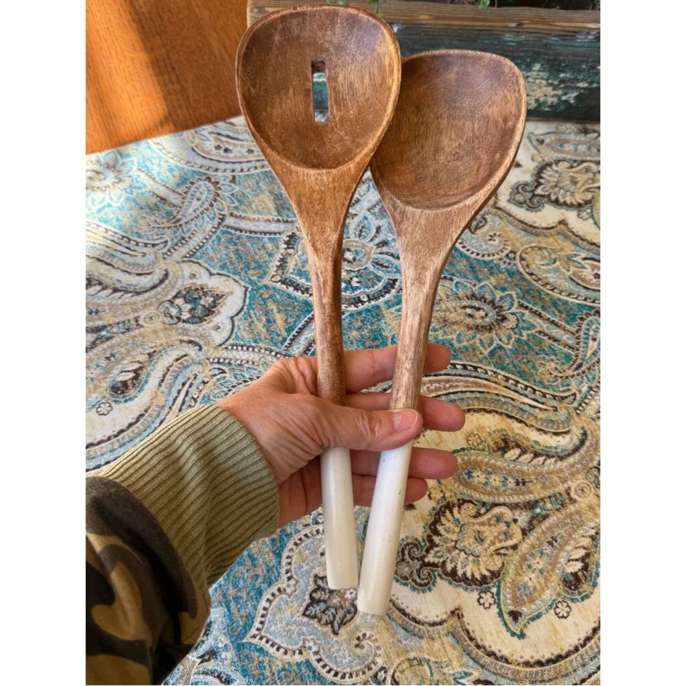 Wooden Salad Serving Spoon Set White Handles Vintage Wood Kitchen Utensils Pair